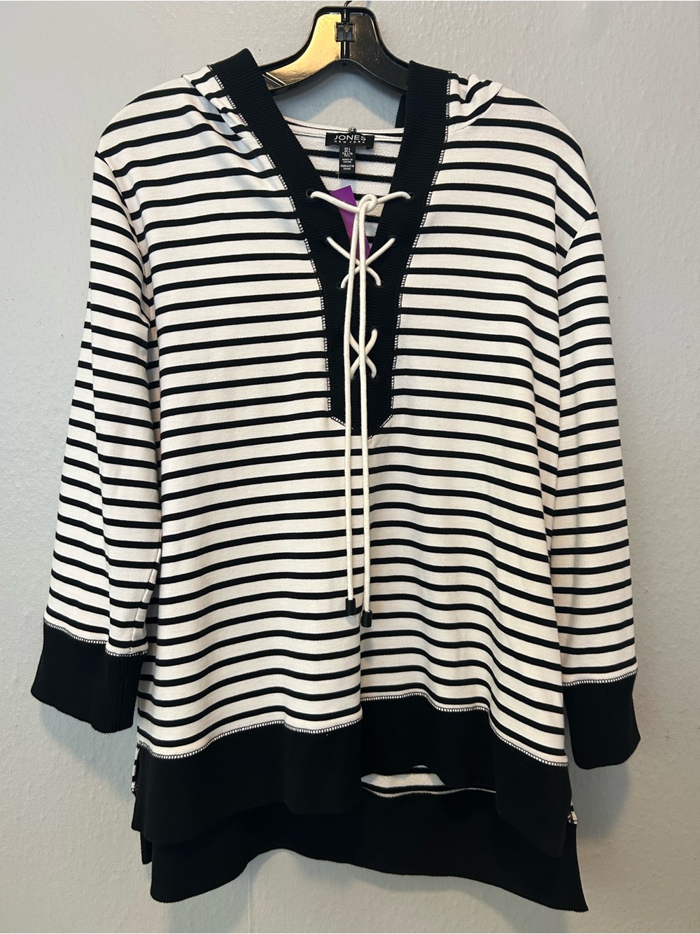 Jones New York Black and White Striped Hooded Pullover